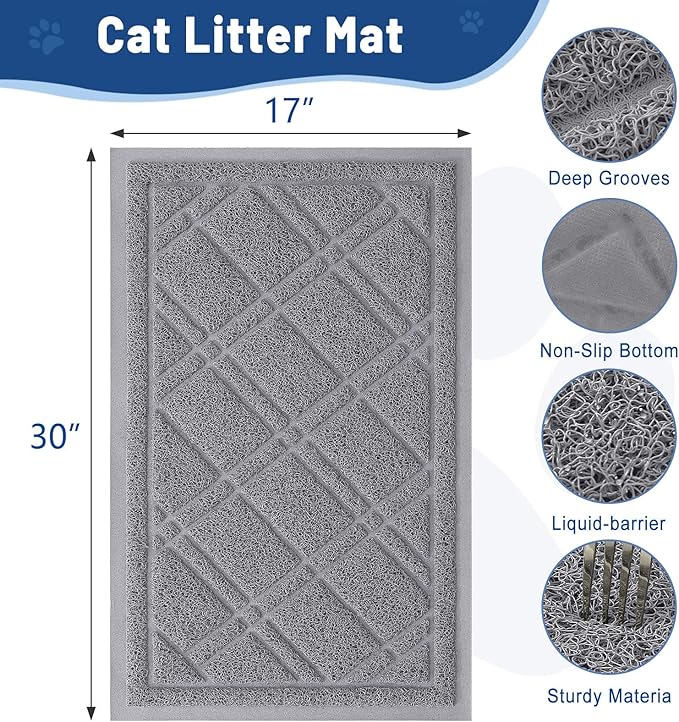 Smiry Cat Litter Box Mat 47x24, Non-Slip Water Resistant Litter Trapping Mat, Easy Clean Less Waste and Urine-Locking Cat Carpet for Indoor, Grey