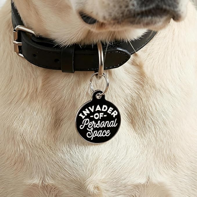 Bad Tags Personalized Dog & Cat ID Tags - Choose from 25+ Tag Designs - Free 5 Lines Custom Engraved - Unique, Cute, Funny, Sassy Pet Tag (Invader of Personal Space - Black, Small (1 inch))