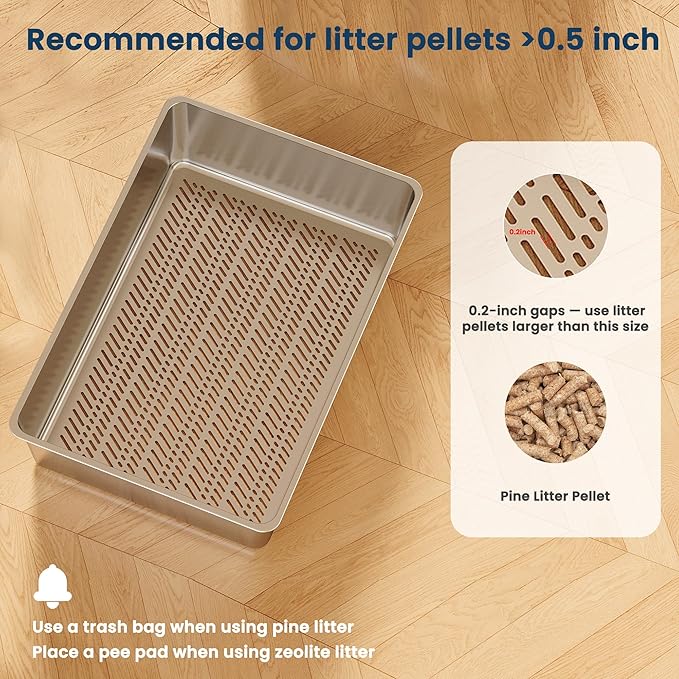 Stainless Steel Sifting Litter Box for Pine Pellets, 23.6" x 15.7" x 11.8" Large Sifting Cat Litter Box with Sifter, High Side for Big Cats, Anti-Leakage, Odor Control, Includes Scooper