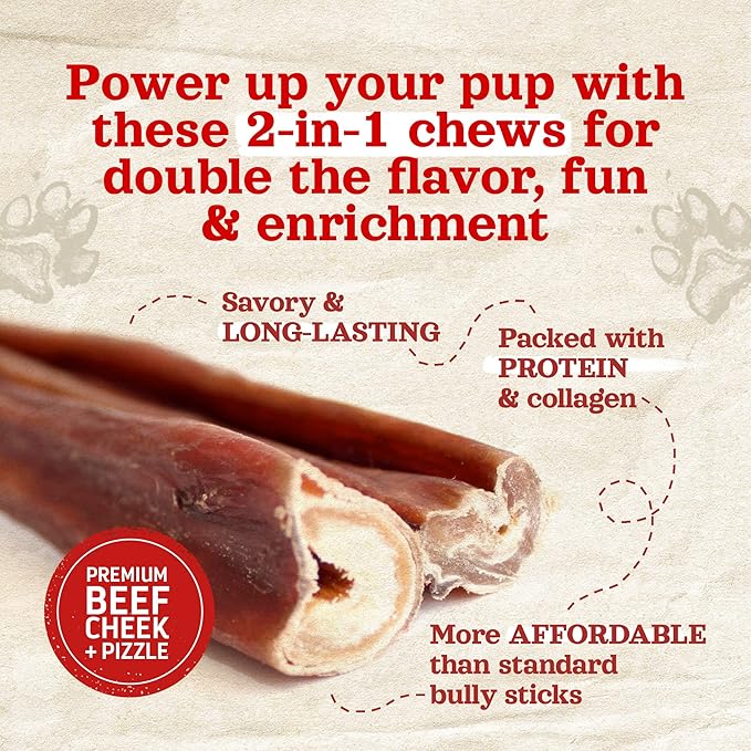 Natural Farm Power Bully Sticks Dog Chews (12”, 5-Pack), 2-in-1 Power Chews: Premium Beef Cheek Wrapped in Beef Pizzle, Great Dog Dental Treats, for Small, Medium & Large Dogs