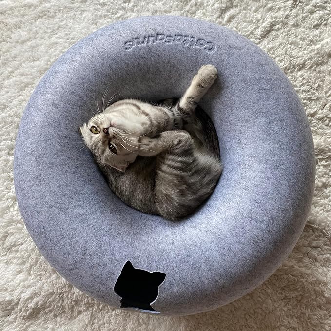 Cattasaurus Peekaboo Cat Cave Donut for Multiple & Large Cats up to 30-45 lbs, 3-in-1 Self Warming Cat Bed, Tunnel & Scratcher for Indoor Cats, Washable & Detachable Small Dog Bed (Light Gray, Jumbo)