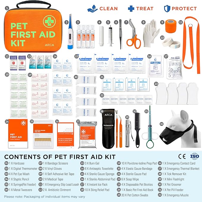 Cat & Dog First Aid Kit - High Visibility Reflective Zipper with Fluorescent Letter Print - 100 pcs with Dog Thermometer, Tick Remover Kit & Pet First Aid Kit Manual Book