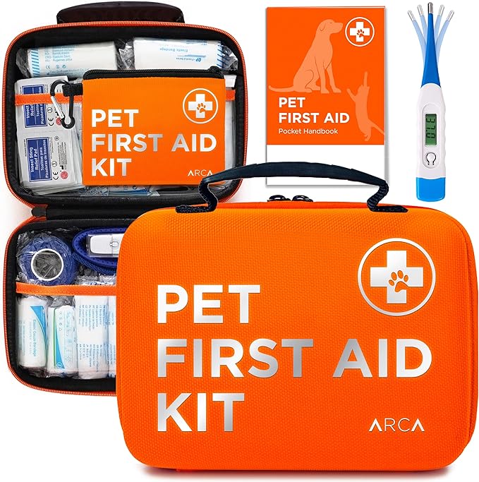 Cat & Dog First Aid Kit for Car - Pet Emergency Kit for Home Office Travel – Dog Camping Essentials with Digital Thermometer, Muzzle & Mini First Aid Pouch