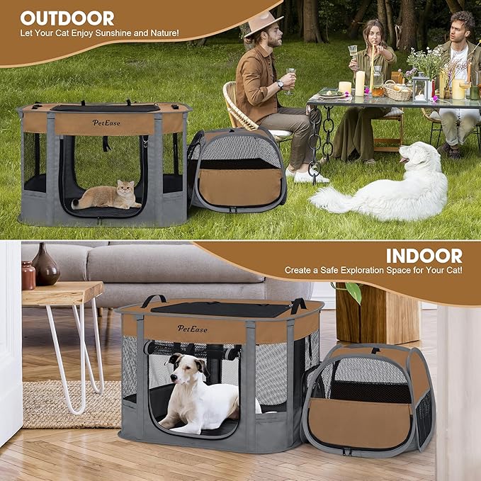 Portable 2-in-1 Dog Crate playpen, Outdoor Cat Playpen with Litter Box Area for Indoor Cats Enclosed Rabbit Puppy Hamster, Indoor/Outdoor Cats Enclosure Cages Tent Tent (Brown)