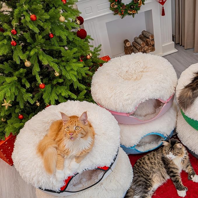 CATTASAURUS Peekaboo Cat Cave for Multiple & Large Cats Up to 30-45 Lbs, Fluffy Cat Beds & Furniture, Scratch Detachable & Washable Tunnel Bed, Comfy Donut Bed (Forest Green, Large (Calming))