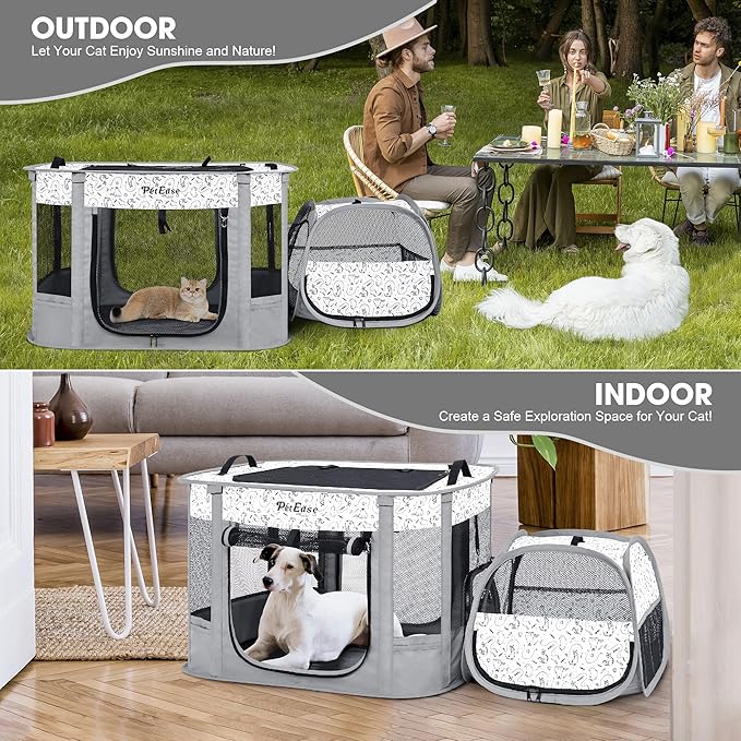 Portable 2-in-1 Dog Crate playpen, Outdoor Cat Playpen with Litter Box Area for Indoor Cats Enclosed Rabbit Puppy Hamster, Indoor/Outdoor Cats Enclosure Cages Tent(Light Gray)