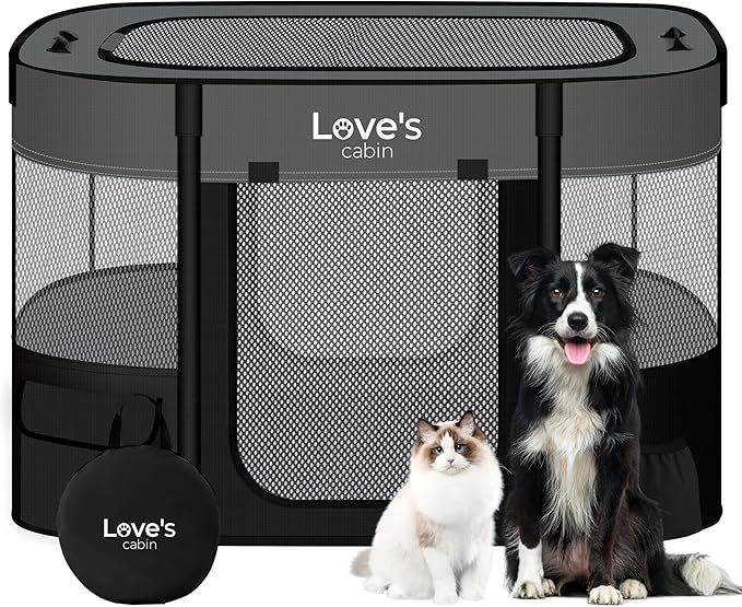 Love's cabin Pet Puppy Dog Playpen, Medium Dog Tent Crates Cage Indoor/Outdoor, Portable Exercise Playpen for Cat, Foldable Pop Up Dog Kennel Playpen with Carring Case (M, Grey)