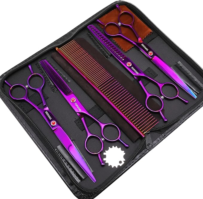 TOPGOOSE Dog Grooming Scissors Kit, Professional 6 in 1 Pet Scissors Sharp Shears Set - Straight, Thinning, Chunker, Curved Shears and Comb for Long Short Hair for Dog Cat (Set, Purple)
