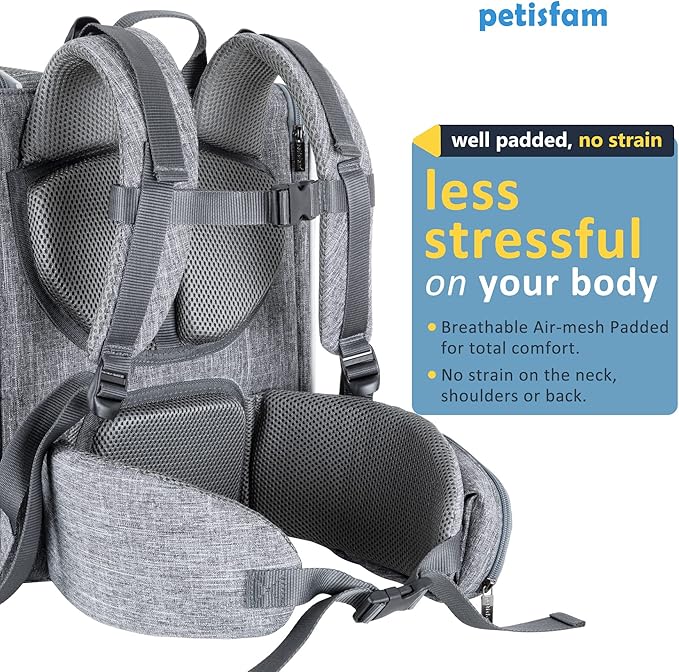 petisfam Ergonomic Design Pet Backpack Carrier for Medium Cats and Small Dogs. Better Stability and Less Turbulence, Well Padded, 4 Pockets, Breathable, Easy Storage