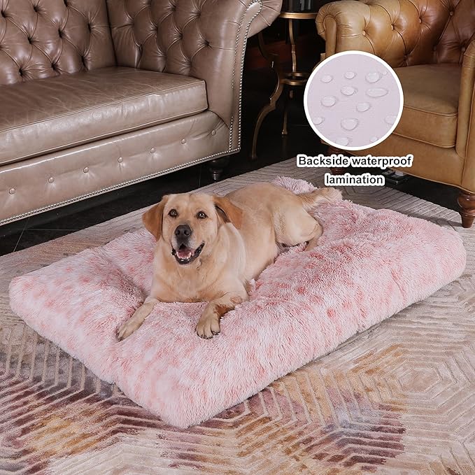 Bedfolks Waterproof Crate Bed, Plush Dog Kennel Pad with Removable Washable Cover, Faux Fur, Fluffy 47"x29", Pink