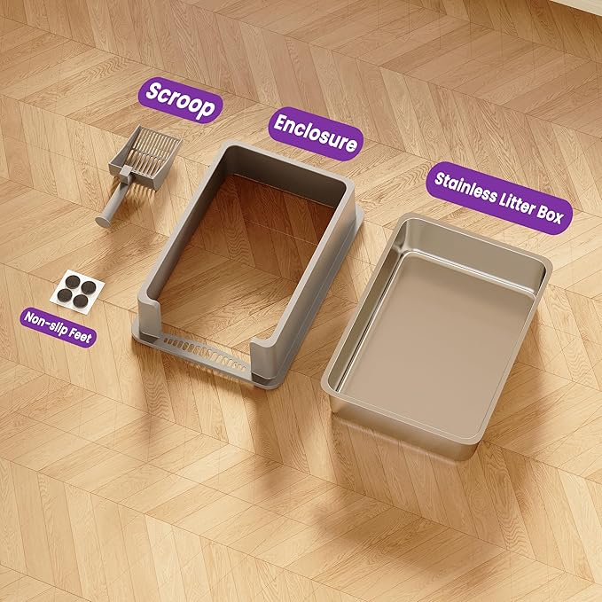 【No Sifting】 Tiuubt XXXL Stainless Steel Litter Box for Cats, 28''x20''x12'' Extra Large Metal Litter Box with High Sided Lid, for Big Cats, Multi-Cat Household, Non-Sticky & Easy to Clean