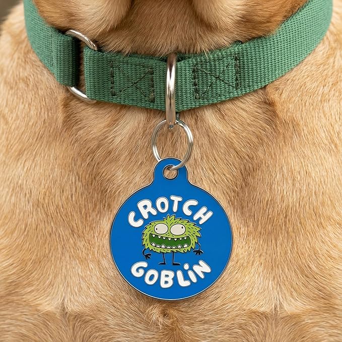 Bad Tags Personalized Dog & Cat ID Tags - Choose from 25+ Tag Designs - Free 5 Lines Custom Engraved - Unique, Cute, Funny, Sassy Pet Tag (Crotch Goblin, Large (1.25 inch))