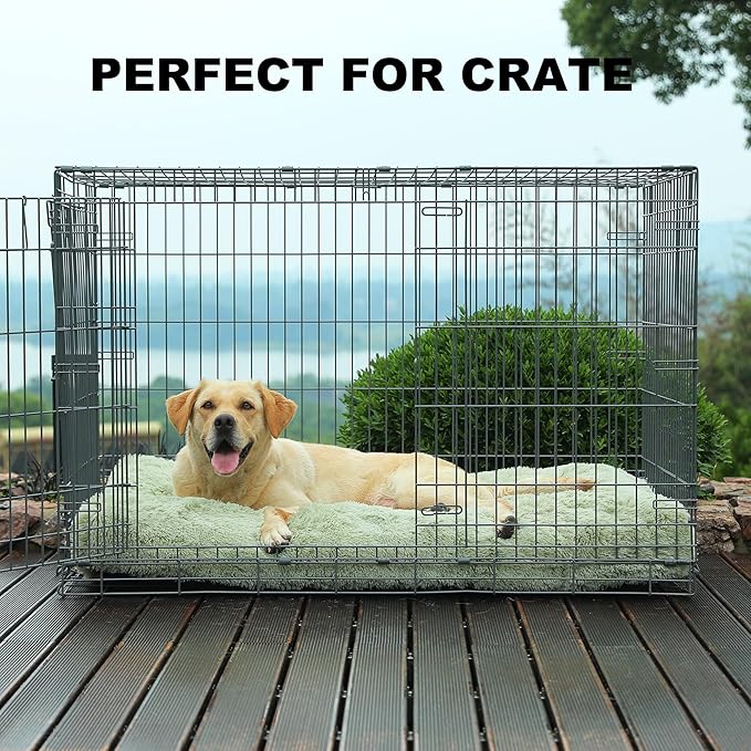 Bedfolks Waterproof Crate Bed, Plush Dog Kennel Pad with Removable Cover, Faux Fur, Washable, 41"x27", Sage Green