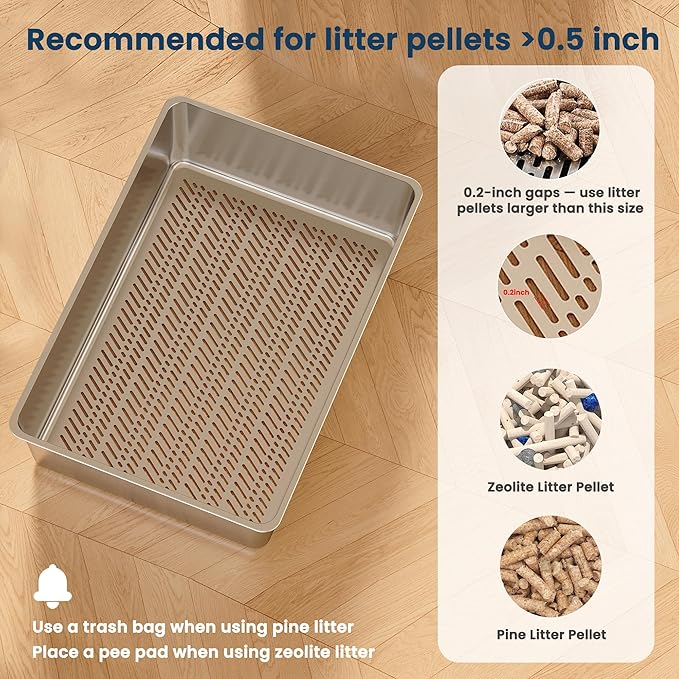 Stainless Steel Sifting Litter Box for Pine Pellets, 23.6" x 15.7" x 14.7" XL Sifting Cat Litter Box with Sifter, High Side for Big Cats, Anti-Leakage, Odor Control, Includes Scooper