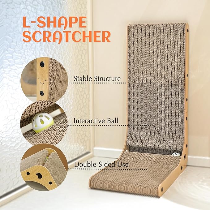 PETKARAY Cat Scratcher, Cat Scratching Board, L Shape Cat Scratch Pad for Indoor Cats, Floor Mounted Scratching Cardboard with Ball Toy