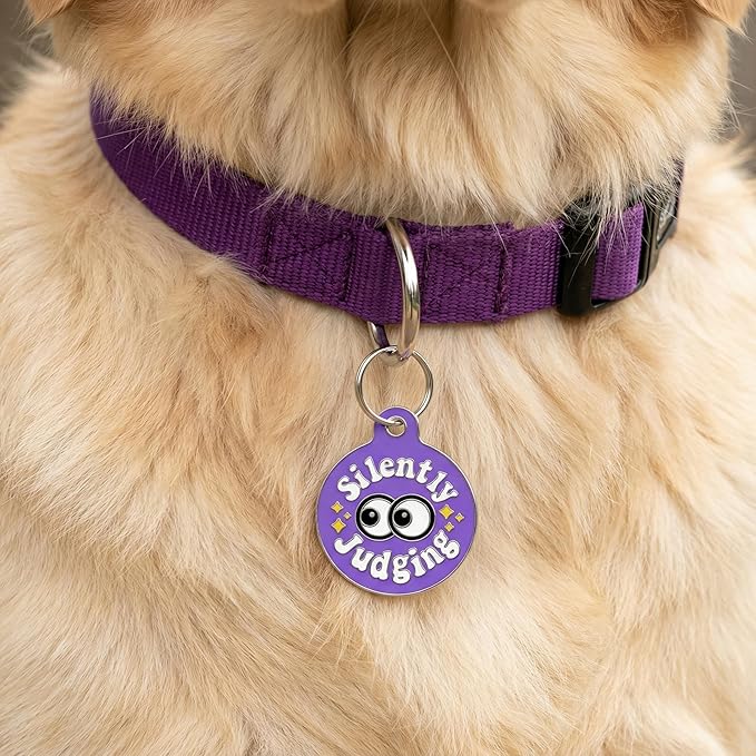 Bad Tags Personalized Dog & Cat ID Tags - Choose from 25+ Tag Designs - Free 5 Lines Custom Engraved - Unique, Cute, Funny, Sassy Pet Tag (Silently Judging - Purple, Large (1.25 inch))