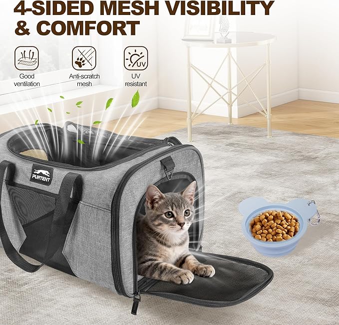 Airline Approved Cat Carrier with Wheels, Airline Cat Carriers in Cabin up to 13lbs, Rolling Soft-Sided Travel Bag for Small Cats and Dogs with Upgraded Wheels and Pet Bowl 16.5 * 11 * 10.2in, Grey