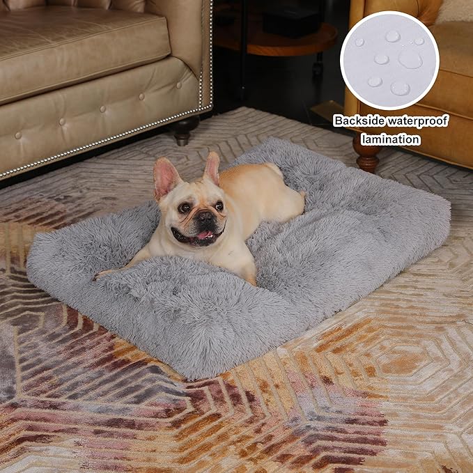 Bedfolks Plush Dog Crate Pad, Washable Dog Kennel Bed, 29"x21", Light Grey