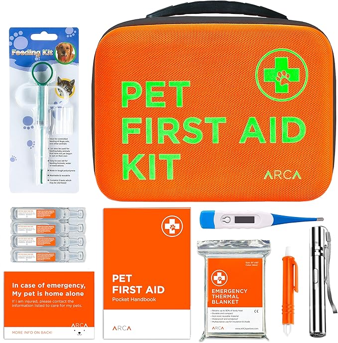 Cat & Dog First Aid Kit - High Visibility Reflective Zipper with Fluorescent Letter Print - 100 pcs with Dog Thermometer, Tick Remover Kit & Pet First Aid Kit Manual Book