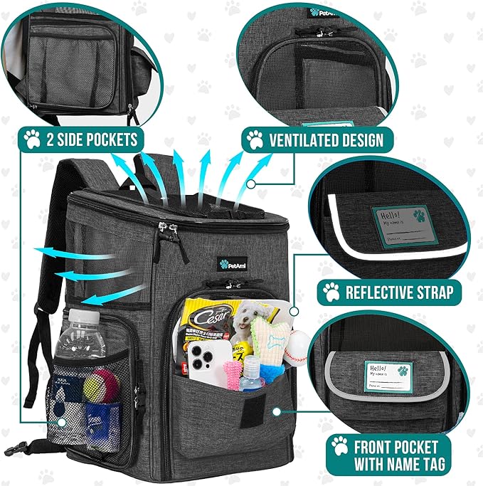 PetAmi Dog Backpack Carrier, Airline Approved Cat Backpacks for Carrying Small Large Cats, Pet Carrier Back Pack, Ventilated Soft Sided for Travel, Hiking, Camping, Max 18 lbs, Charcoal