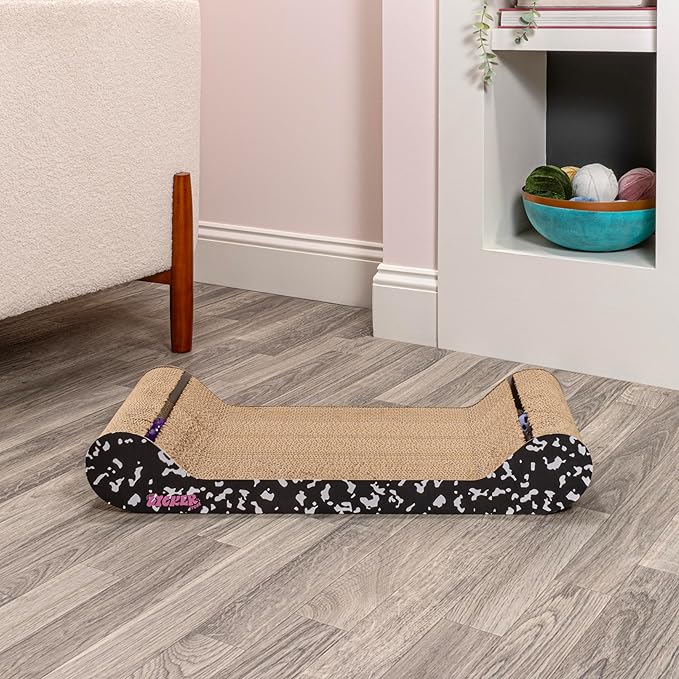 CSR1003B Rini 23.75" Modern Cardboard Lounge Bed Cat Scratcher with Built-in Bell Toys and Catnip, Black/White