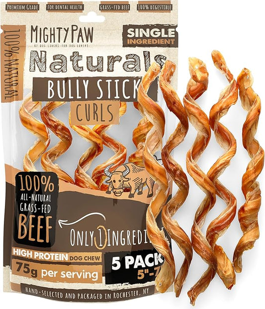 Mighty Paw Naturals Curly Bully Sticks for Dogs - Grass Fed Beef Chews. Bully Sticks for Large Dogs, Medium, Small Breeds. Lower Odor Treats for Small Pets. Single Ingredient 6” - 5 Pack