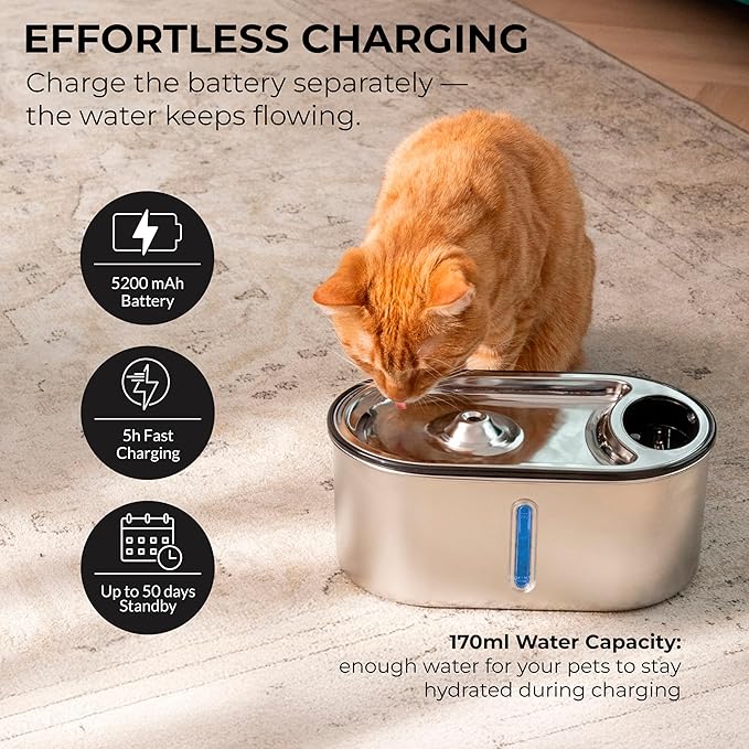 Wireless Cat Water Fountain Stainless Steel 108oz/3.2L, Cordless, Battery Operated Cat Fountain (Last up to 50 Days), Ultra Quiet, 2 Flow Modes, Multi-Filtration, BPA Free, Includes 2 Filters - Creamy
