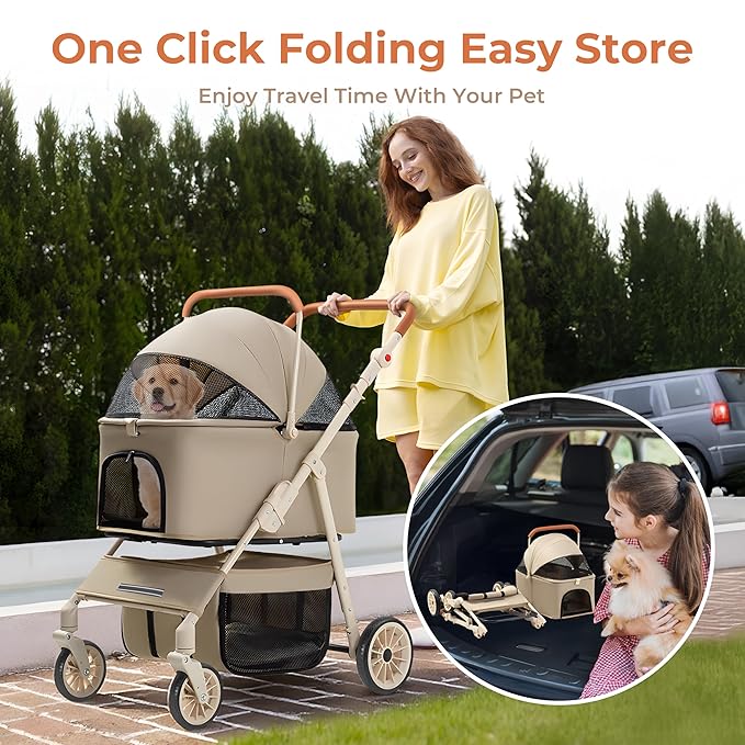 3 in 1 Pet Stroller with Removable Carrier, Foldable Pet Carrier for Small/Medium Dogs and Cats Up to 55 Lbs, 4 Wheels, Car Seat, One Click Folding Stroller for Travel & Outdoor