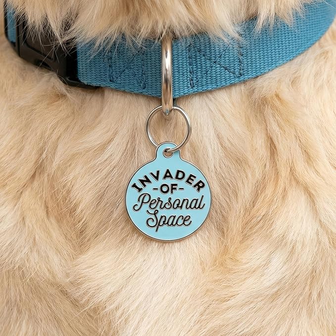 Bad Tags Personalized Dog & Cat ID Tags - Choose from 25+ Tag Designs - Free 5 Lines Custom Engraved - Unique, Cute, Funny, Sassy Pet Tag (Invader of Personal Space - Blue, Small (1 inch))