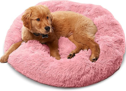 Active Pets Premium Small Donut Dog Bed, Fits Up to 45 lbs, Removable Cover & Washable Cushion, Plush Long Pile Faux Fur Fabric, Portable Pink Pet Bed Furniture for Puppies Adult Canines & Cats