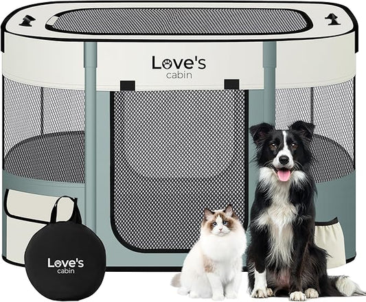 Love's cabin Pet Puppy Dog Playpen, Large Dog Tent Crates Cage Indoor/Outdoor, Portable Exercise Playpen for Cat, Foldable Pop Up Dog Kennel Playpen with Carring Case (L, Gray Green)