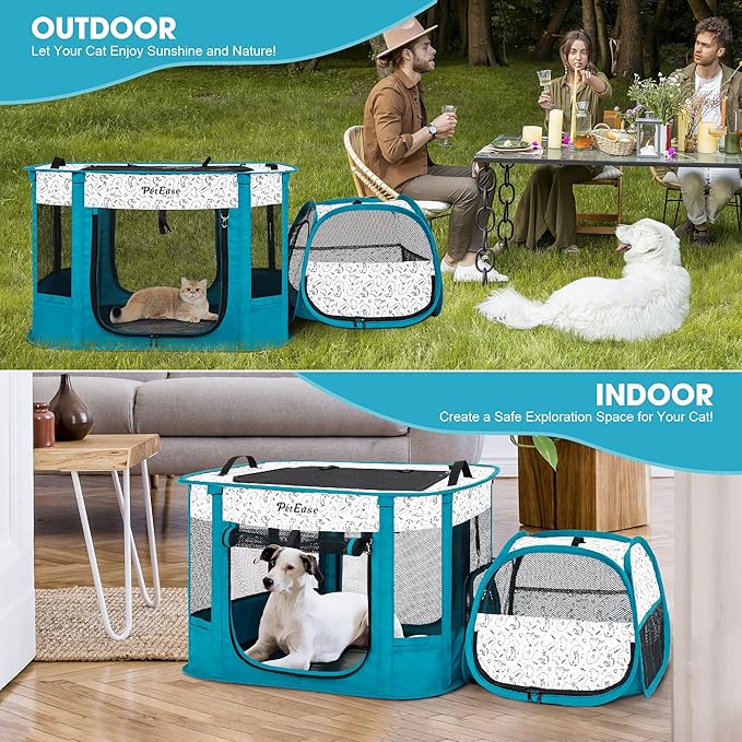 Portable 2-in-1 Dog Crate playpen, Outdoor Cat Playpen with Litter Box Area for Indoor Cats Enclosed Rabbit Puppy Hamster Indoor/Outdoor Cats Enclosure Cages Tent (Peacock Blue)