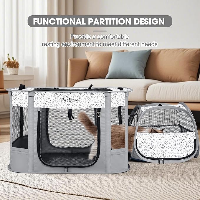 Portable 2-in-1 Dog Crate playpen, Outdoor Cat Playpen with Litter Box Area for Indoor Cats Enclosed Rabbit Puppy Hamster, Indoor/Outdoor Cats Enclosure Cages Tent(Light Gray)