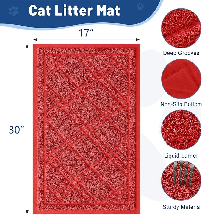Smiry Cat Litter Box Mat 47x24, Non-Slip Water Resistant Litter Trapping Mat, Easy Clean Less Waste and Urine-Locking Cat Carpet for Indoor, Red