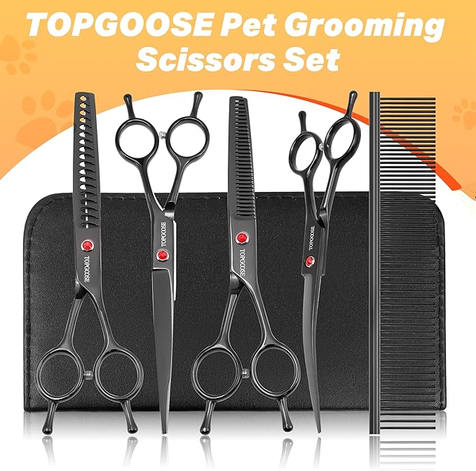 TOPGOOSE Dog Grooming Scissors Kit, Professional 6 in 1 Pet Scissors Sharp Shears Set - Straight, Thinning, Chunker, Curved Shears and Comb for Long Short Hair for Dog Cat (Set, Black)