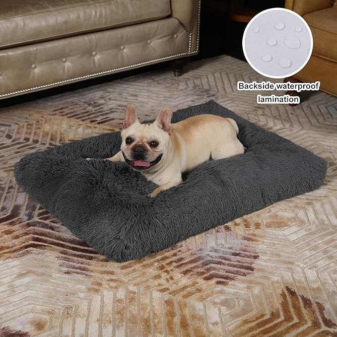 Bedfolks Waterproof Dog Crate Bed,Plush Dog Crate Pad with Removable Cover,Faux Fur Dog Bed for Medium Dogs,Fluffy Washable Dog Kennel Bed 29"x21",Solid Dark Grey