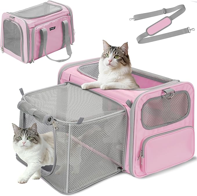 Expandable Cat Carrier, Airline Approved Soft Sided Pet Carrier for Cats & Small Dogs Up to 15 lbs, with Locking Safety Zippers & Cozy Fleece Pad, Portable for Car & Vet Visits, Pink