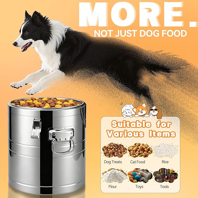 40lb Stainless Steel Dog Food Storage Container, Large Capacity Metal Pet Food Storage Container with Scoop, Airtight Dog & Cat Food Treat Bin for Dry Food Keep Fresh for Multi-Pet Households