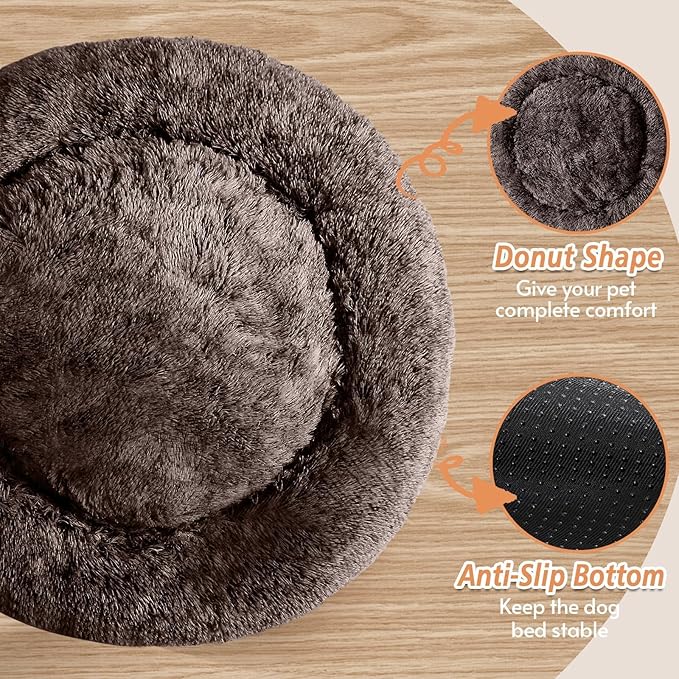 JOLLYVOGUE Calming Dog Beds Large Sized Dog, 36in Donut Washable Large Pet Bed, Anti-Slip & Anti-Anxiety Fluffy Faux Fur Round Dogs Bed, Fits up to 80 lbs Pets （Chocolate）