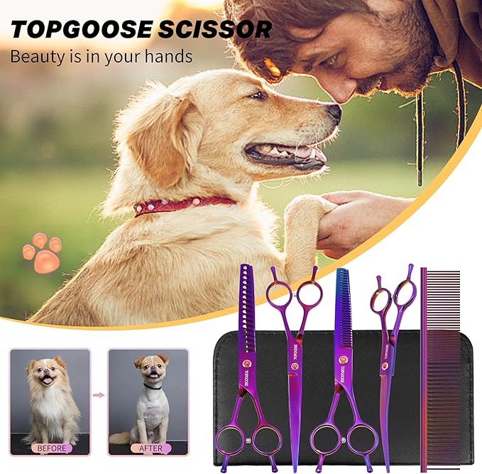 TOPGOOSE Dog Grooming Scissors Kit, Professional 6 in 1 Pet Scissors Sharp Shears Set - Straight, Thinning, Chunker, Curved Shears and Comb for Long Short Hair for Dog Cat (Set, Purple)