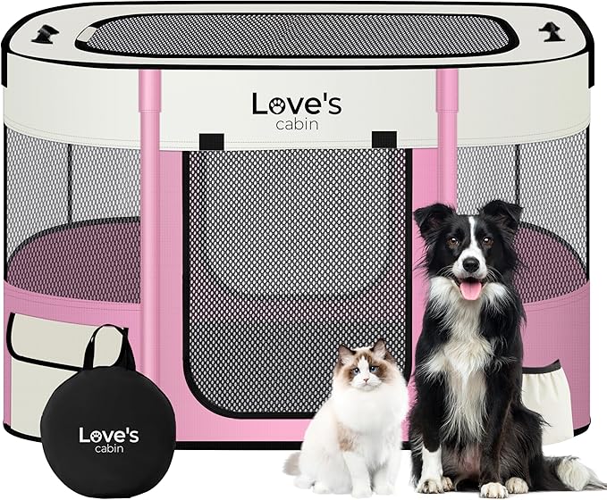 Love's cabin Pet Puppy Dog Playpen, Medium Dog Tent Crates Cage Indoor/Outdoor, Portable Exercise Playpen for Cat, Foldable Pop Up Dog Kennel Playpen with Carring Case (M, Light Pink)