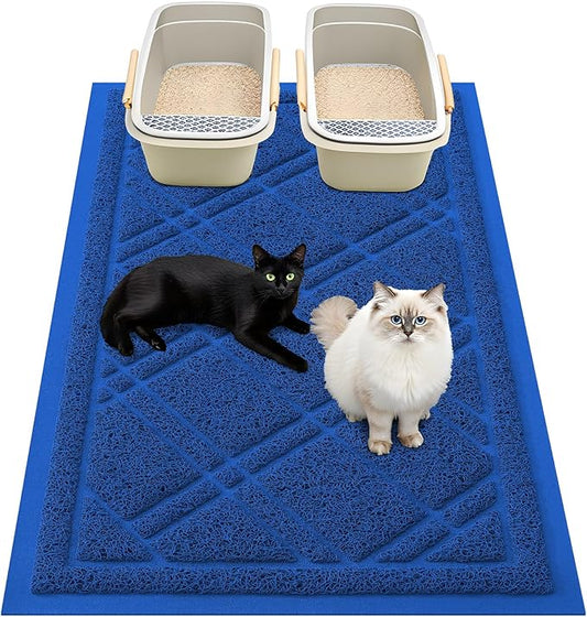 Smiry Cat Litter Box Mat 47x24, Non-Slip Water Resistant Litter Trapping Mat, Easy Clean Less Waste and Urine-Locking Cat Carpet for Indoor, Blue