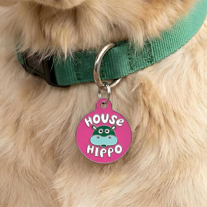 Bad Tags Personalized Dog & Cat ID Tags - Choose from 25+ Tag Designs - Free 5 Lines Custom Engraved - Unique, Cute, Funny, Sassy Pet Tag (House Hippo - Pink, Small (1 inch))