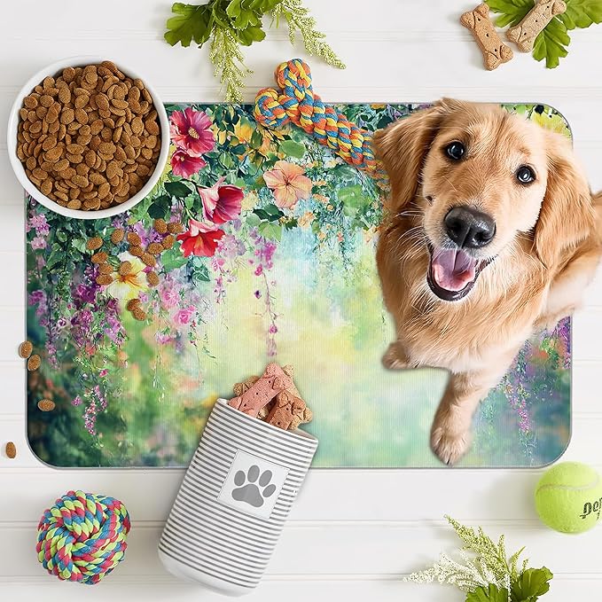 Abstract Spring Flowers Dog Food Mat for Floors,Blossom Ivy Colorful Absorbent Pet Food and Water Bowl Mats,Non-Slip Pet Feeding Mat,Pet Supplies 12" x 20"