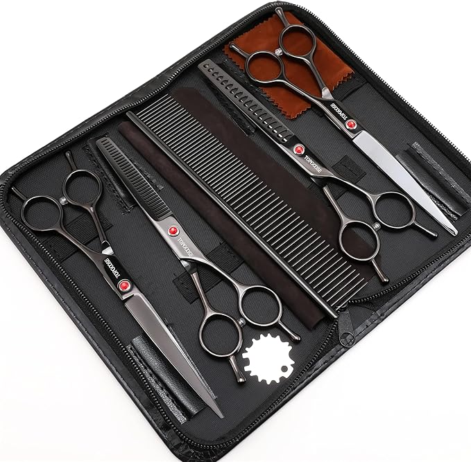 TOPGOOSE Dog Grooming Scissors Kit, Professional 6 in 1 Pet Scissors Sharp Shears Set - Straight, Thinning, Chunker, Curved Shears and Comb for Long Short Hair for Dog Cat (Set, Black)