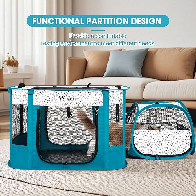 Portable 2-in-1 Dog Crate playpen, Outdoor Cat Playpen with Litter Box Area for Indoor Cats Enclosed Rabbit Puppy Hamster Indoor/Outdoor Cats Enclosure Cages Tent (Peacock Blue)