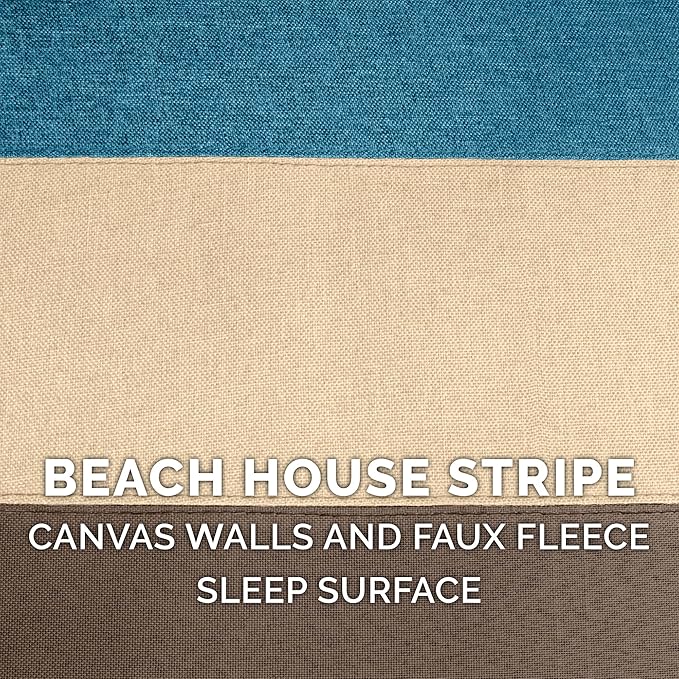 Furhaven Pet House for Indoor Cats & Small Dogs, Collapsible & Foldable w/ Plush Ball Toy - Living Room Footstool Cat Condo - Beach House Stripe (Brown/Blue), Small