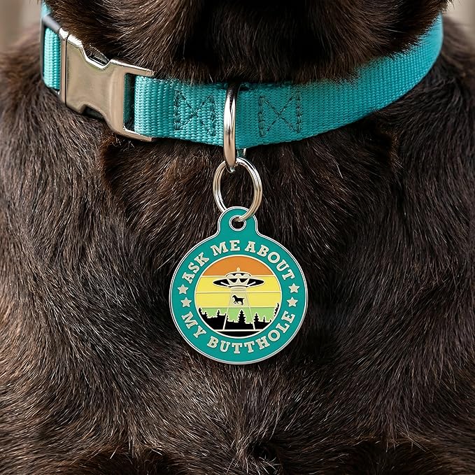 Bad Tags Personalized Dog & Cat ID Tags - Choose from 25+ Tag Designs - Free 5 Lines Custom Engraved - Unique, Cute, Funny, Sassy Pet Tag (Ask Me About My Butthole - Teal, Small (1 inch))