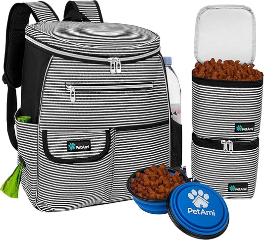 PetAmi Dog Travel Bag Backpack, Airline Approved Dog Bags for Traveling, Puppy Diaper Bag Supplies, Pet Camping Essentials Hiking Accessories Gift, Food Container, Collapsible Bowls, Stripe Black